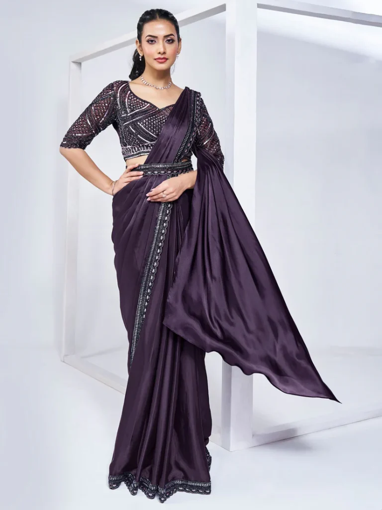 Purple Crepe Satin Silk Pure Handwork Ready to wear Saree with Stitched Blouse