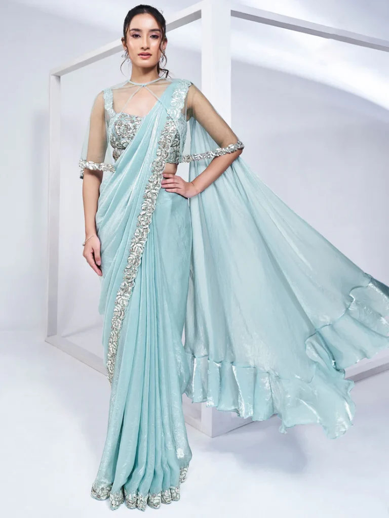 Aqua Blue Two Tone Satin Silk Pure Handwork Ready to wear Saree with Stitched Blouse