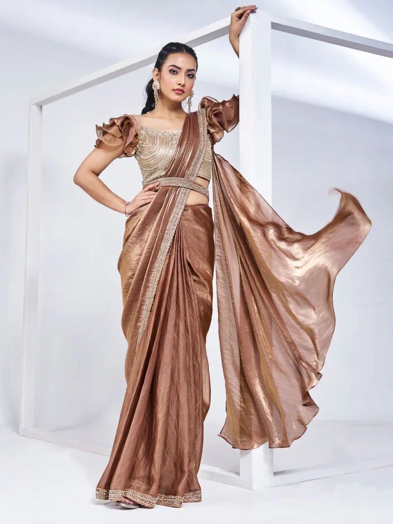 Brown Two Tone Satin Silk Pure Handwork Ready to wear Saree with Stitched Blouse