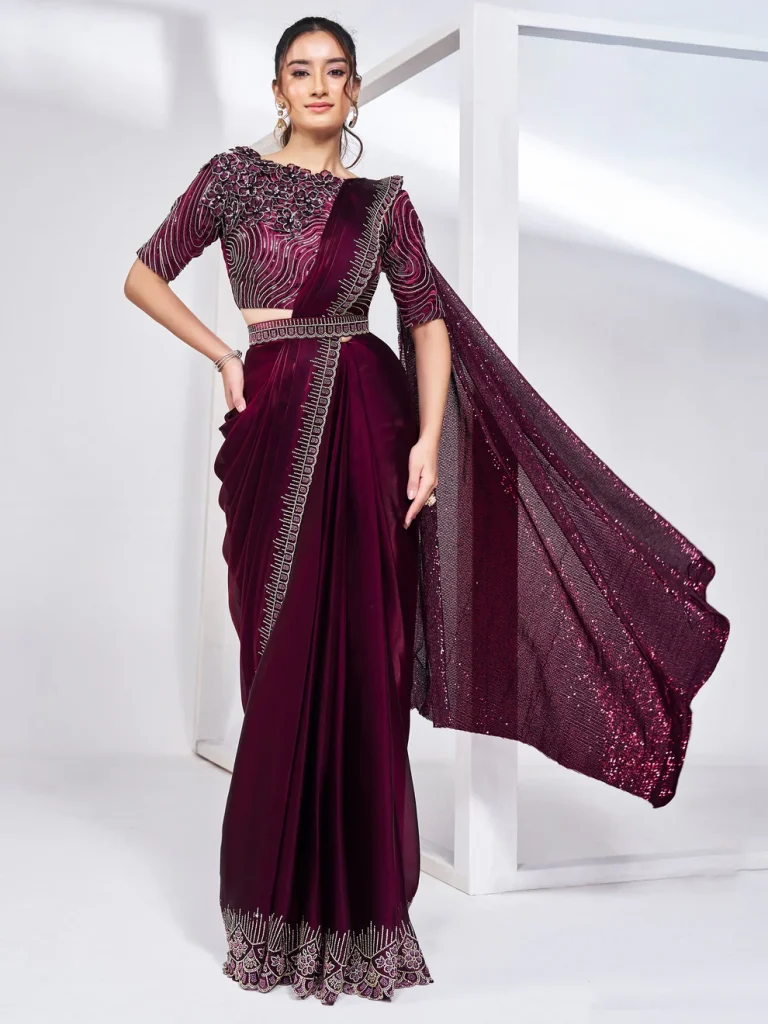 Excellent Wine Lace Work Satin Event Wear Saree With Blouse