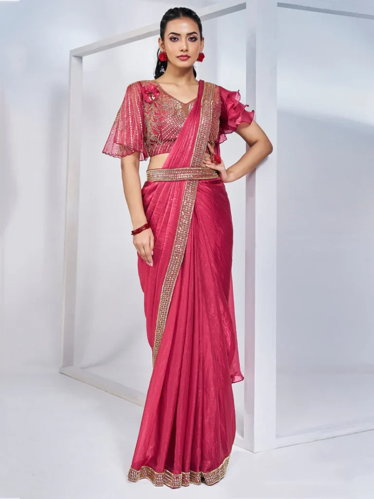 Pink Two Tone Satin Silk Pure Handwork Ready to wear Saree with Stitched Blouse