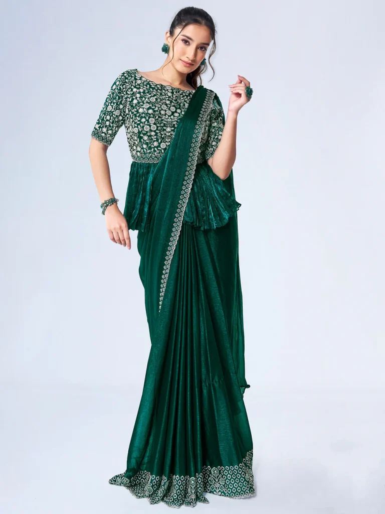 Green Shimmer Chiffon Pure Handwork Ready to wear Saree with Stitched Blouse