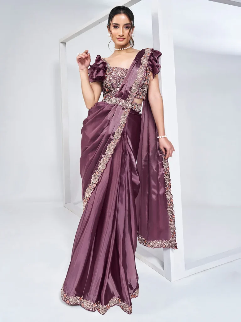 Lavendar Crepe Satin Silk Pure Handwork Ready to wear Saree with Stitched Blouse