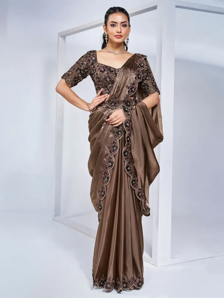 Brown Crepe Satin Silk Pure Handwork Ready to wear Saree with Stitched Blouse