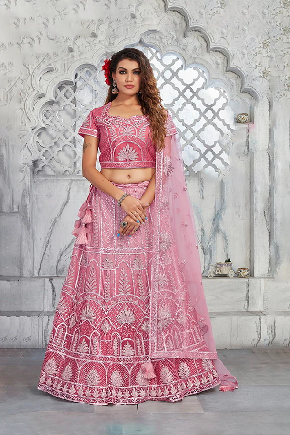 Pink Net Unstitched Lehenga Choli with Dupatta