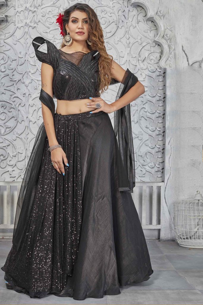 Black Silk Semi Stitched Lehenga Choli with Dupatta Regular