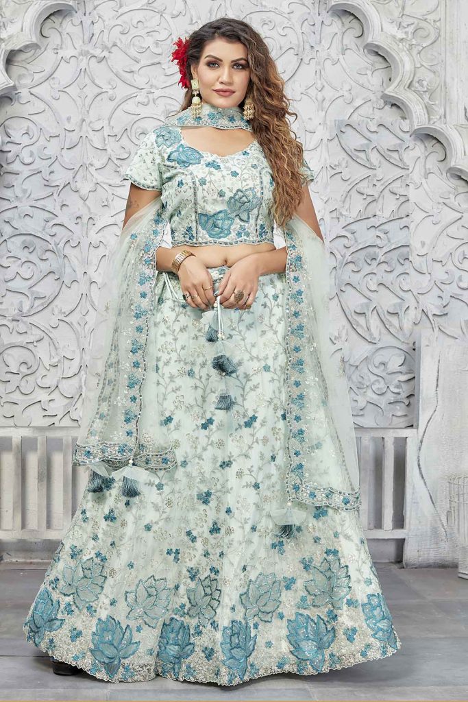 Embroidered Light Blue Net Lehenga For Sangeet