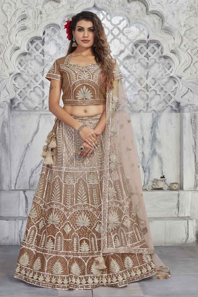 Brown Net Unstitched Lehenga Choli with Dupatta