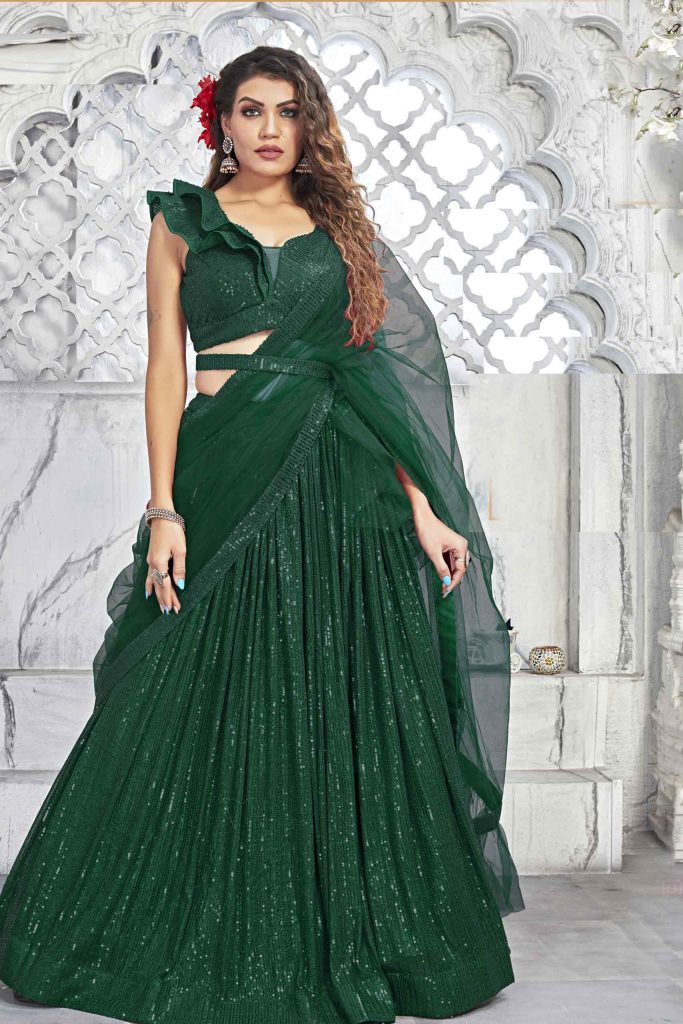 Green Sequence Net Semi Stitched Lehenga Choli with Dupatta