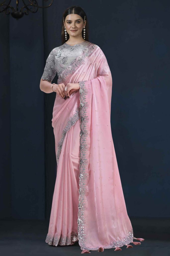 Pink Crepe satin silk Embroidered with Stone work Saree with Unstitched Blouse