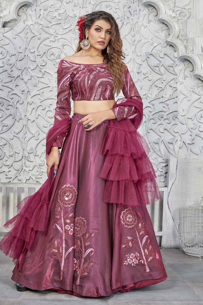 Wine Dual Tone Silk Semi Stitched Lehenga Choli with Dupatta