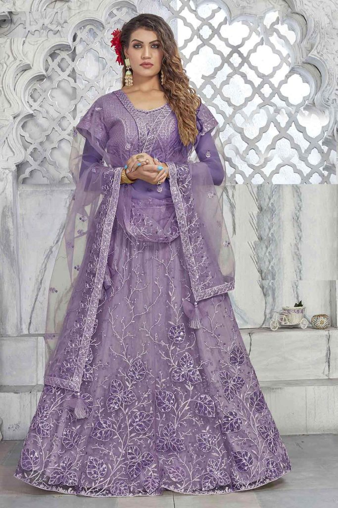 Purple Net Embroidered Lehenga For Sangeet