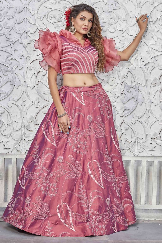 Pink Dual Tone Silk Semi Stitched Lehenga Choli with Dupatta