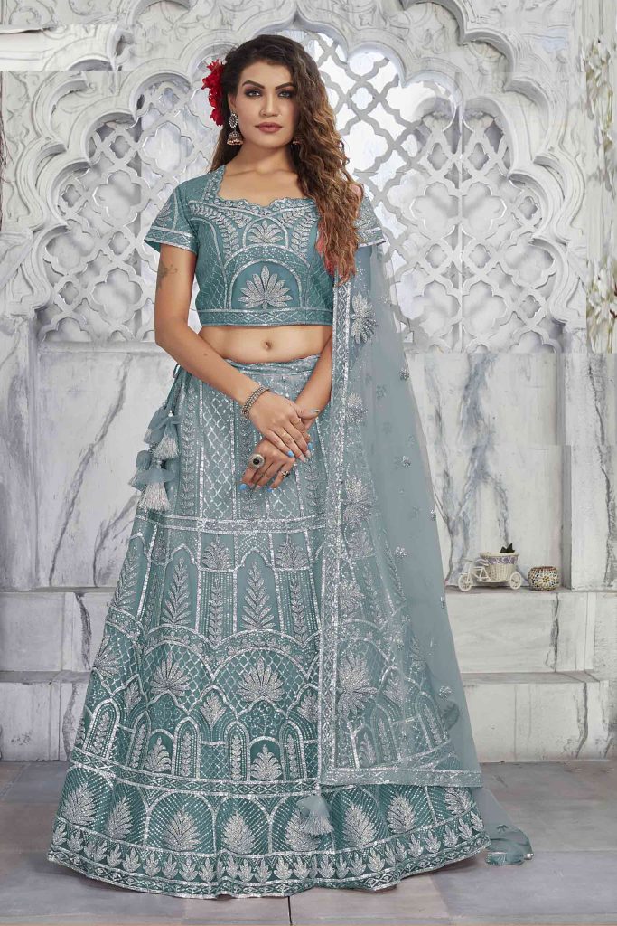 Blue Net Unstitched Lehenga Choli with Dupatta