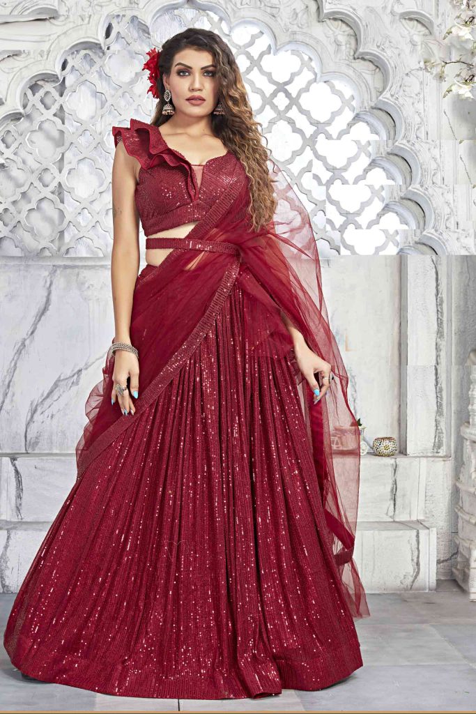 Maroon Sequence Net Semi Stitched Lehenga Choli with Dupatta