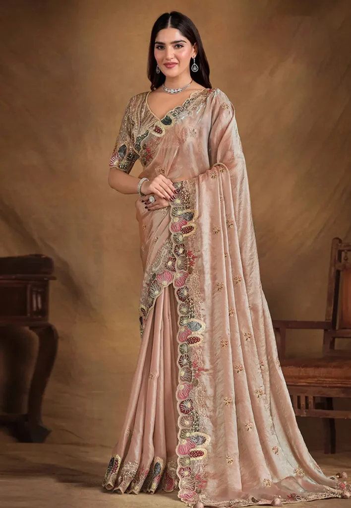 Aapnam Peach Satin Silk Saree with Pure Handwork Detailing & Belt